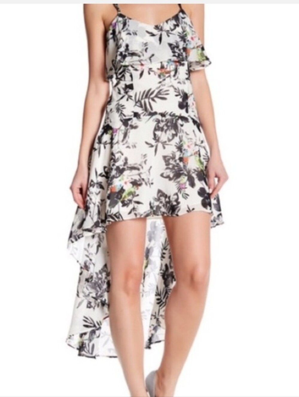 New!Floral High-Low Slip Spaghetti Straps Birds Floral Theme Dress Y2K Cottageco